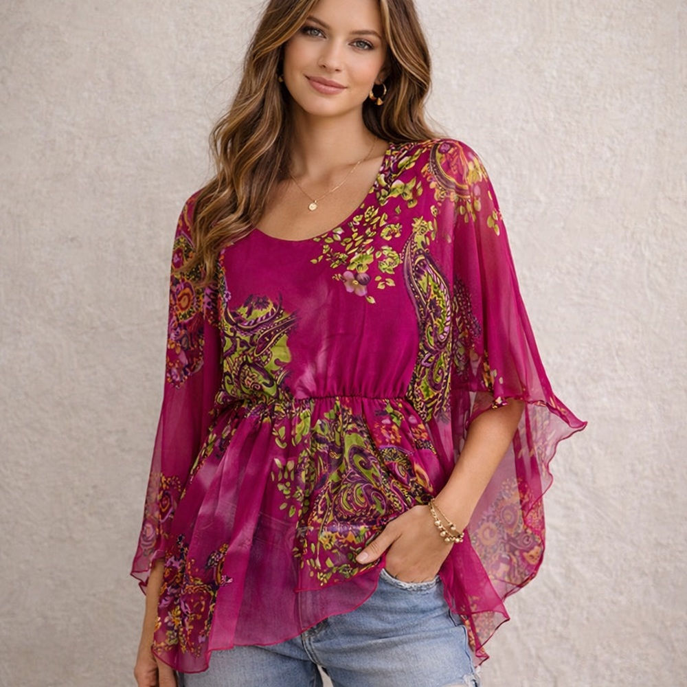 Arden B Sheer Paisley Kimono Sleeve Blouse – Size L